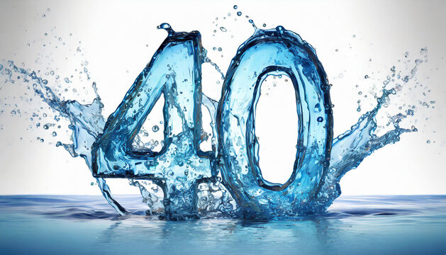 Number 40 made of water with splashes on white background. Blue liquid figure. 3D rendering.