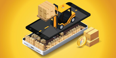 Vector parcel and postal service and smartphone tracking app illustration with yellow delivery truck. Express delivery.