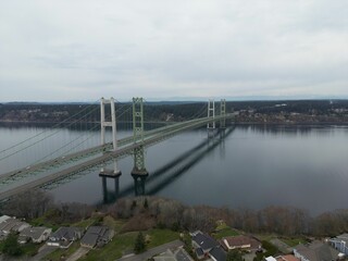 Aerial shot of the Tacoma Narrows Bridge in Washington, USA.