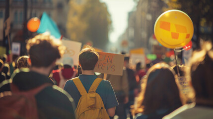 People participating in a global climate march holding signs and demanding action from leaders. - obrazy, fototapety, plakaty