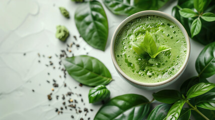 Green matcha drink in a cup, on a light background with green leaves
