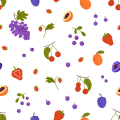 Branches of ripe berries on repeatable pattern. Fresh tropical fruit, slices of apricot. Exotic food of garden. Summer crop: grape, strawberry. Flat seamless vector illustration on white background
