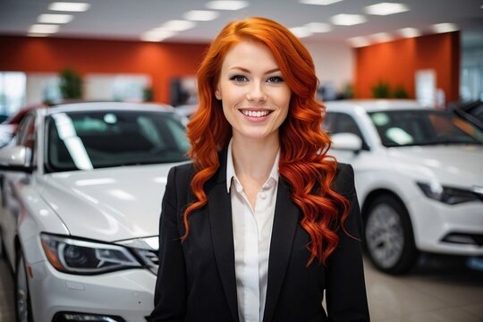 Smiling Professional car saleswoman in showroom. Blurred dealership office. Car dealer business.