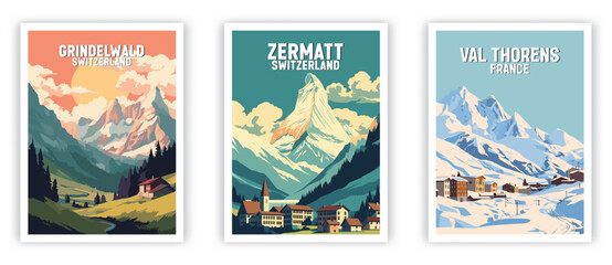 Grindelwald, Zermatt, Val Thorens Illustration Art. Travel Poster Wall Art. Minimalist Vector art