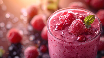 Raspberry smoothie glass decorated with fresh raspberries and mint berries - obrazy, fototapety, plakaty