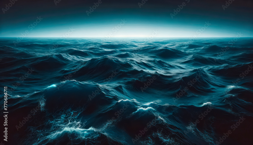 Poster an image depicting a dark, tumultuous ocean with cresting waves against a twilight horizon, highligh