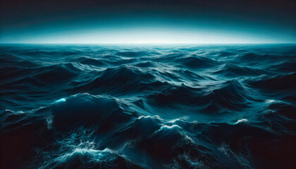 An image depicting a dark, tumultuous ocean with cresting waves against a twilight horizon, highlighting the power of nature on a deep blue background, Generative AI. Generative AI