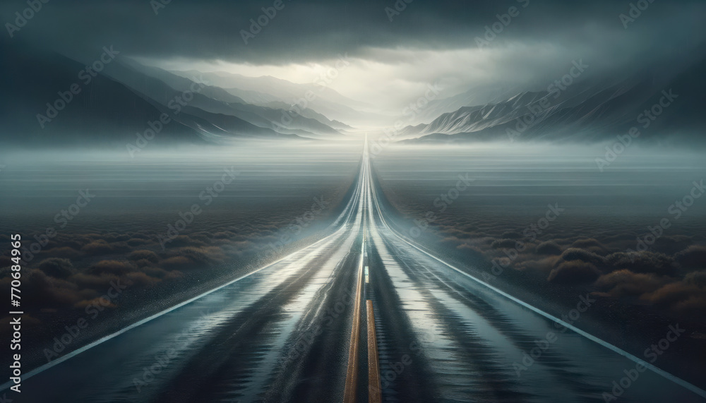 Aufkleber a misty road stretching into the distance with mountains and a dramatic sky, set against a moody bac