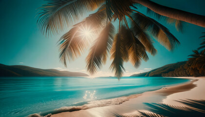 A tranquil tropical beach scene with palm tree fronds, clear blue water, and a sandy shore against a sunny sky, evoking a vacation concept. Generative AI