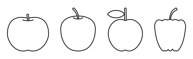 Apple-fruits. Thin line vector icon set. Editable stroke. Four apple-fruits of different shapes isolated on a white background. Vector sign collection.