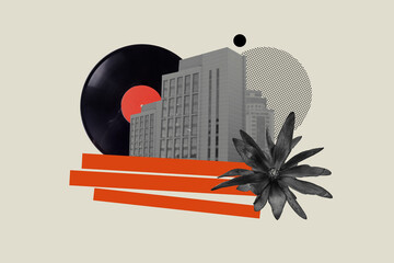 Composite photo collage of urban building house music office company retro disk vinyl record flower bloom isolated on painted background