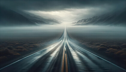 Fototapeta na wymiar A misty road stretching into the distance with mountains and a dramatic sky, set against a moody backdrop, evoking a concept of journey. Generative AI