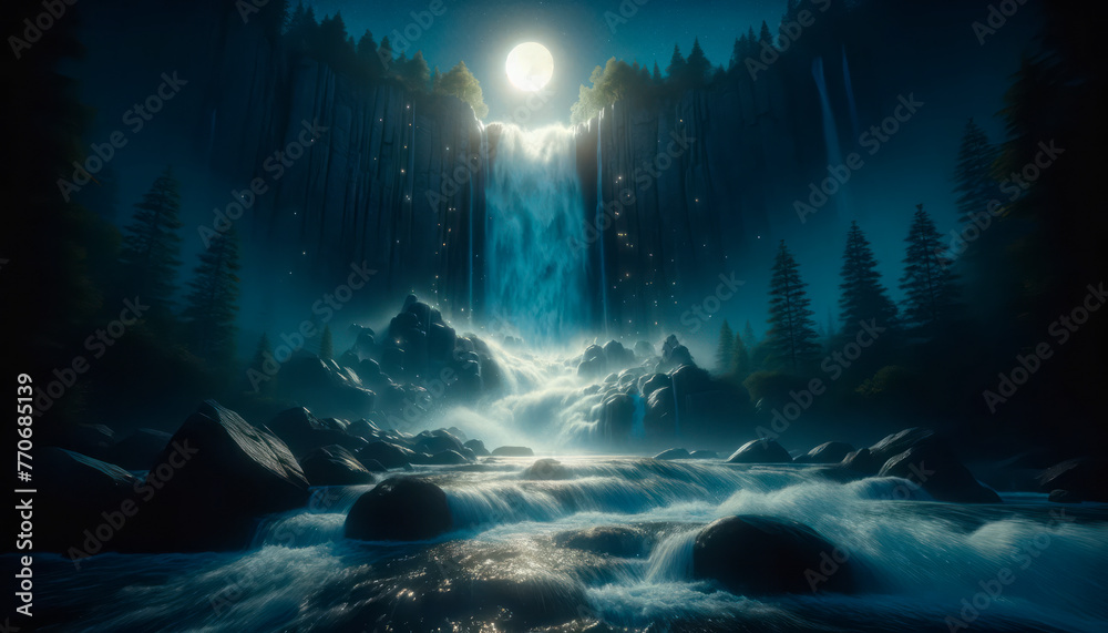 Poster moonlit waterfall in a forest, realistic style, with trees and rocks, evoking a mystical atmosphere.
