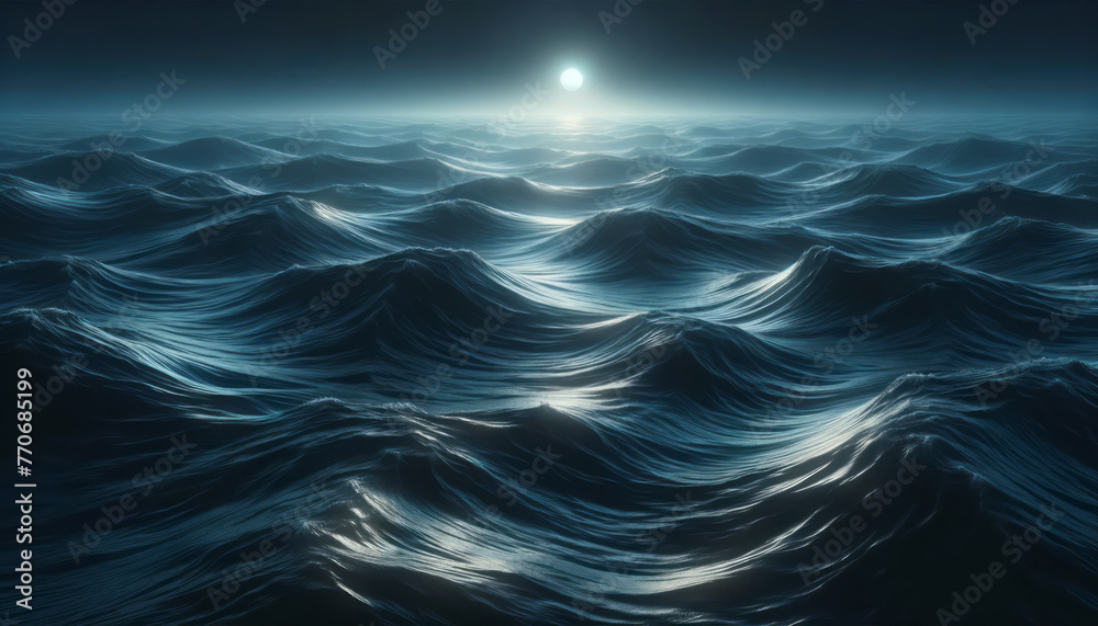 Poster a moonlit seascape with dynamic waves under a night sky, embodying a tranquil yet powerful nature sc