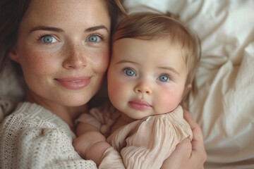A close-up portrait of a young mother embracing her baby, both with striking blue eyes