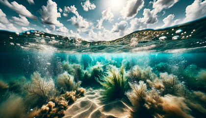 Underwater scene with aquatic plants, a sandy seabed, and a split view of the sky above, on a photographic background, illustrating the concept of aquatic life. Generative AI - obrazy, fototapety, plakaty