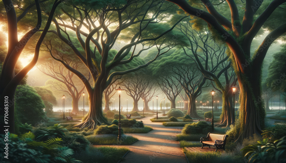 Poster enchanted forest pathway with lamp posts and benches, digital art, soft sunlight background, concept