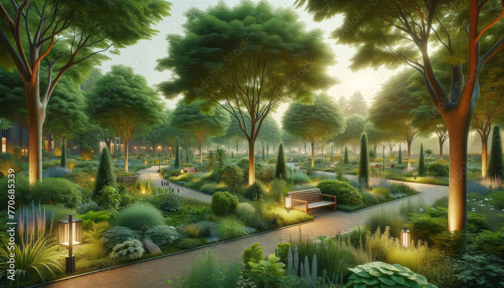 Poster a tranquil park scene at twilight with lush greenery, lit pathways, and benches, set against a sunse