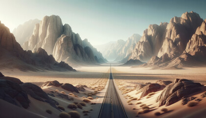 A straight road leading through a desert valley flanked by majestic cliffs under a clear sky,...