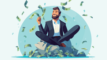 Happy millionaire character sitting on a pile of mo