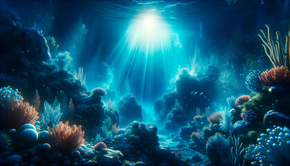 Fototapeta na wymiar An underwater scene with coral reefs and marine life, illuminated by sunbeams, on a deep blue ocean background illustrating the concept of marine biodiversity. Generative AI