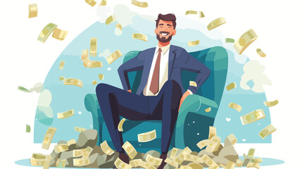 Happy millionaire character sitting on a pile of mo