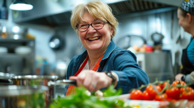 Delighted Senior Chef Flourishing in Cooking Challenge