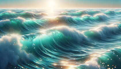Pristine ocean waves captured under a radiant sunrise, highlighting the beauty of nature's movements on a clear, illuminated background, embodying the concept of tranquility. Generative AI