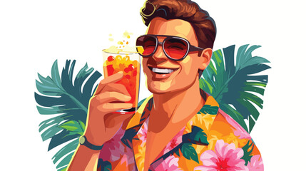 Happy young man in sunglasses and Hawaiian aloha sh - obrazy, fototapety, plakaty