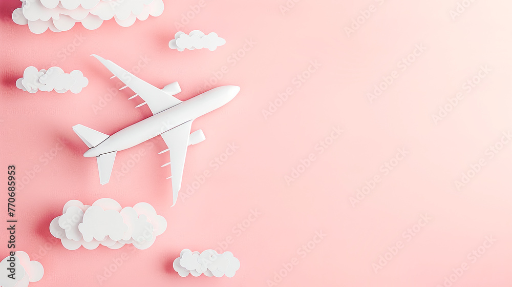 Poster a cut-out paper airplane and clouds on a pink background, showcasing a travel concept in a flat lay 