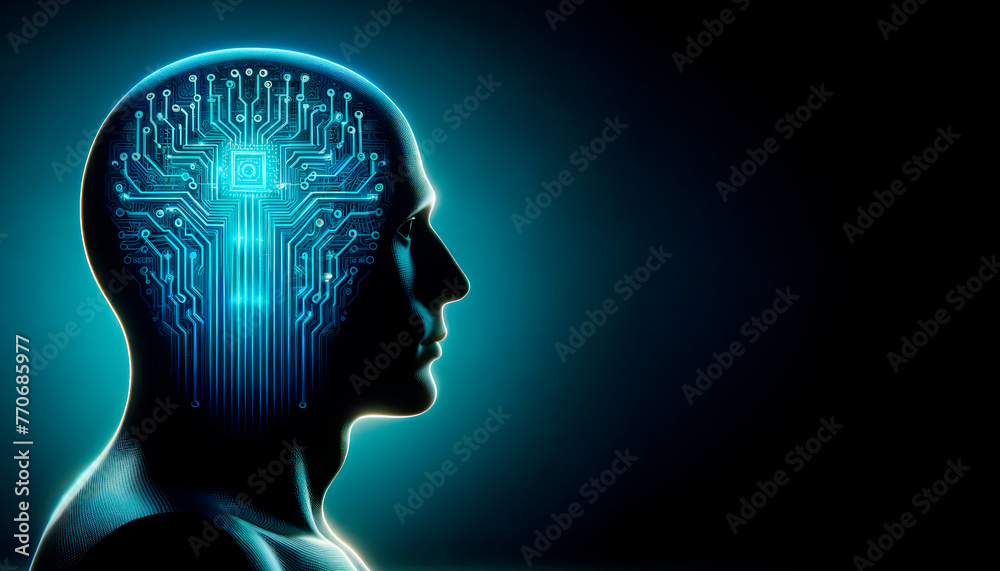 Poster silhouette of a human head with a circuit board pattern, digital art style, on a dark blue backgroun