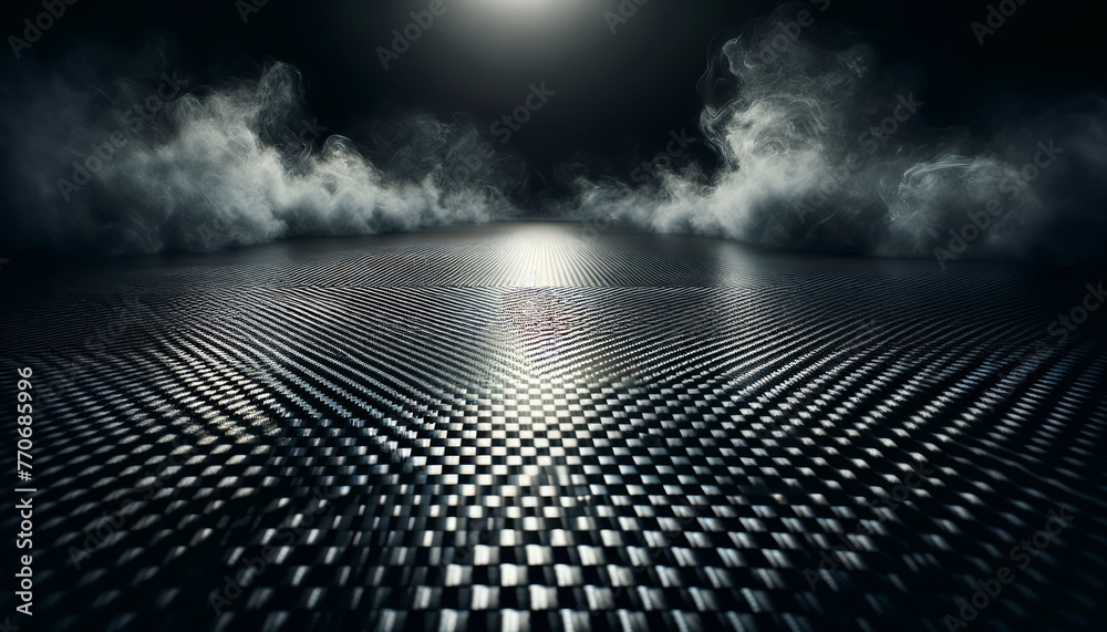 Poster metallic grid surface with a dark, smokey background, illuminated by a spotlight, concept of mystery