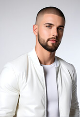 Obraz premium Handsome young Caucasian man with a trendy beard and buzz cut, wearing a stylish white jacket against a gray background