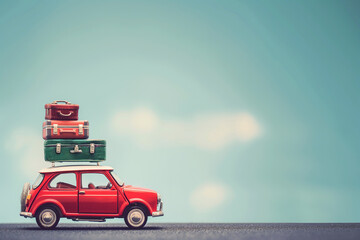 Model of a red retro car with suitcases on a blue background.