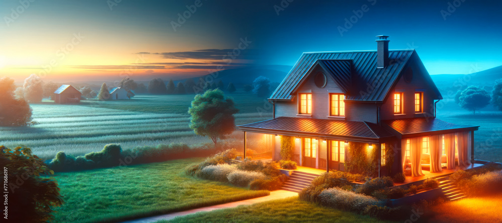Poster a warmly lit house during twilight with a scenic rural background, illustrating a concept of home an