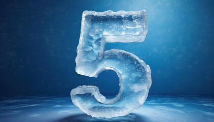 Number 5 made of water ice on blue background. Cold figure. 3D rendering.