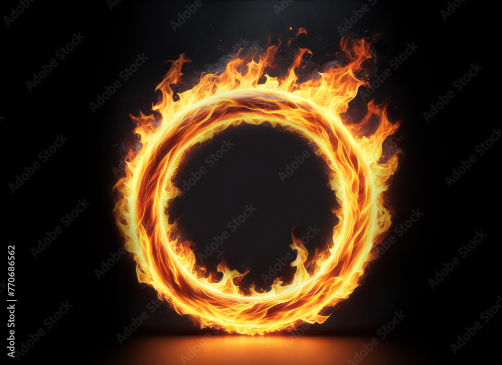 Poster fiery ring of flames on a dark background, concept of energy and power, generative ai. generative ai