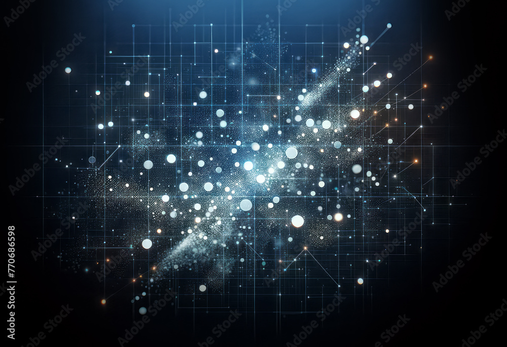 Poster Abstract digital dots and lines on a dark blue background, depicting data connectivity, Generative AI. Generative AI