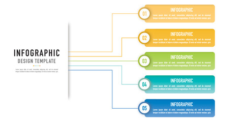 Infographic business template or element as a vector including 5 step, process, point, bullet, option, with colorful label, icons, tags on white background, mind map, for presentation, modern, flat