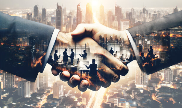 A digital composite image of a handshake with a bustling cityscape and business meeting silhouettes, concept of corporate partnership, Generative AI. Generative AI - Powered by Adobe