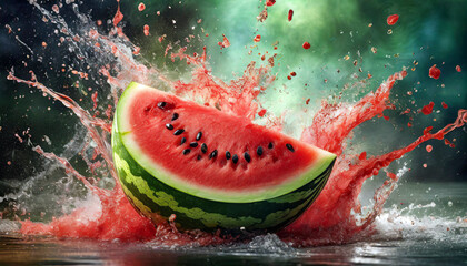A burst of watermelon splashing with an explosion of color and cinematic lighting