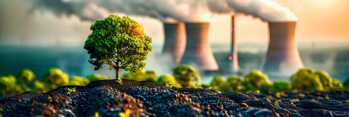 Nuclear Power Plant Emission, Visualizing the Impact of Industrial Pollution and Energy Production on the Environment - obrazy, fototapety, plakaty