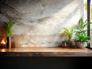 Indoor plant decoration on a wooden table against a marble background, conveying a concept of home decor. Generative AI