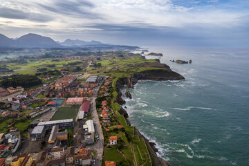 Aerial view of beautiful coastal city of Llanes, Spain in Asturias
