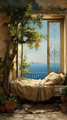 this is a picture of a bed with a view of the sea