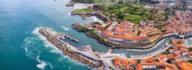 Aerial view of beautiful coastal city of Llanes in Asturias region of northern Spain