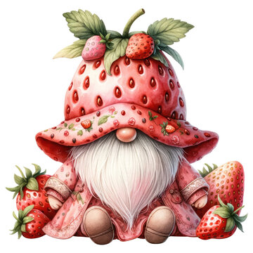Whimsical gnome with a strawberry hat and cloak, surrounded by strawberries, in a fantasy illustration.