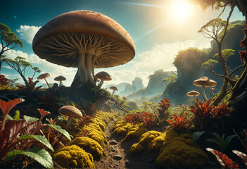 Mushroom growing in a landscape of a strange exoplanet