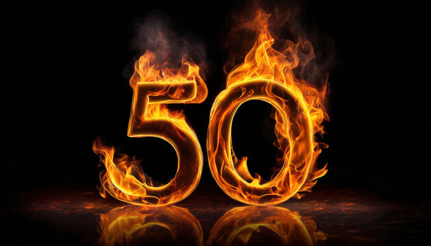 Number 50 made of fire flame on black background. Hot orange blaze. 3D rendering.