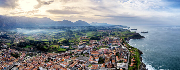 Panoramic aerial view of beautiful coastal city of Llanes, Spain in Asturias